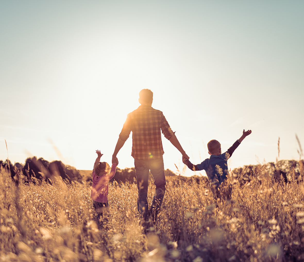 Family walking in sunlit field